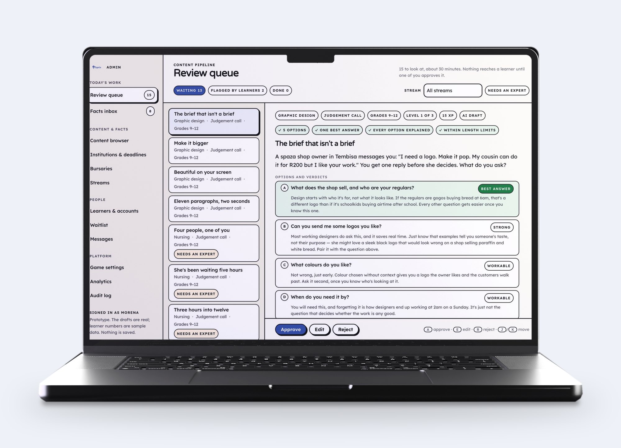 The Sgela admin review queue on a laptop: a draft judgement call with its options, verdicts and automatic checks