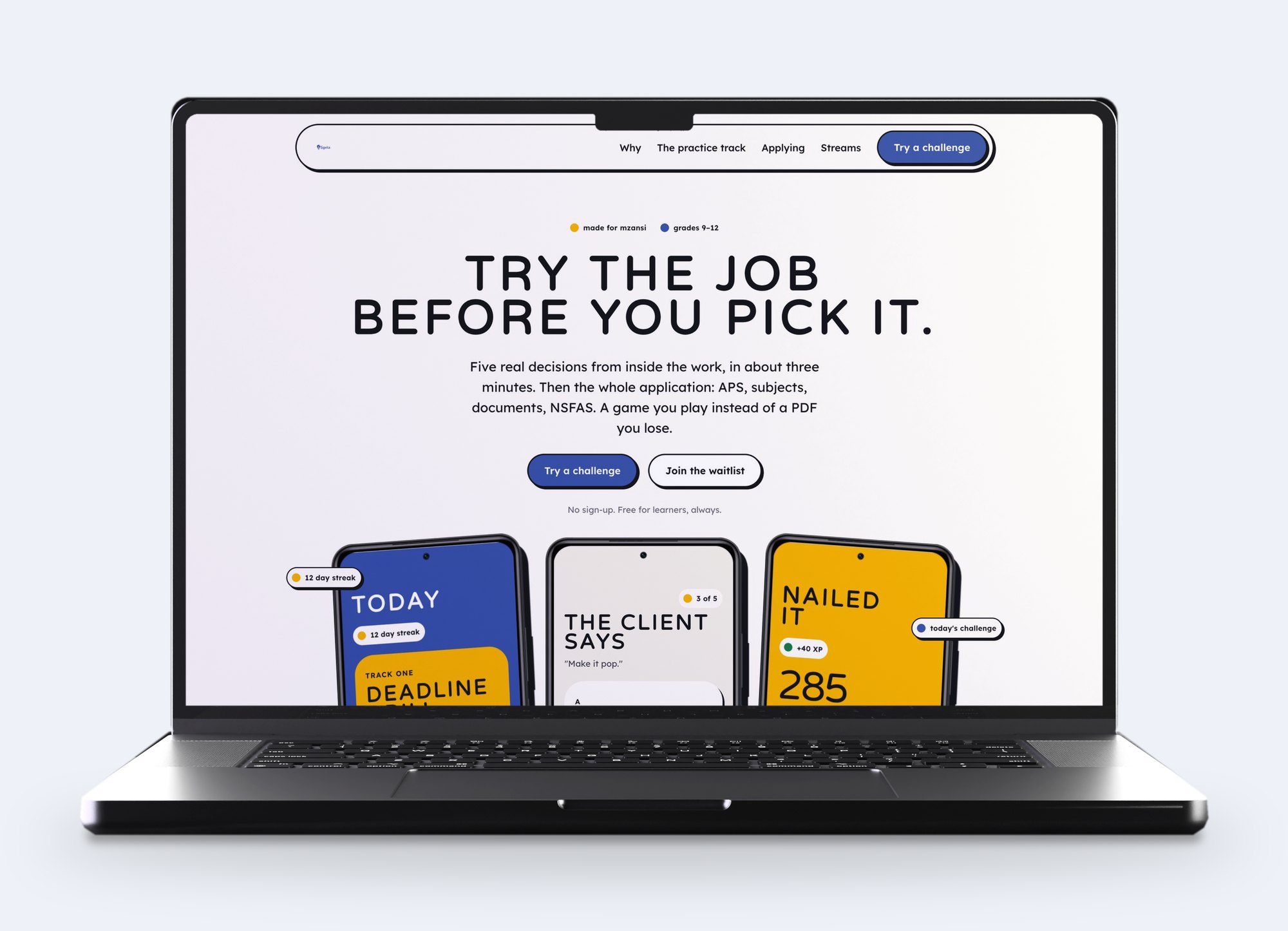The Sgela marketing site on a laptop: Try the job before you pick it