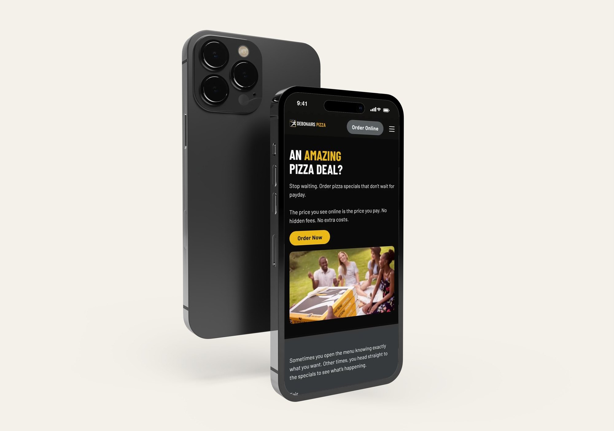 The redesigned Debonairs pizza specials page on an iPhone